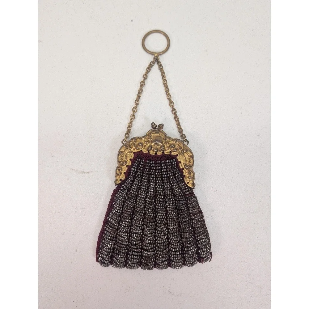 Vintage Beaded Micro Purse Clutch Bag Gold Tone Frame Ring Handle Germany